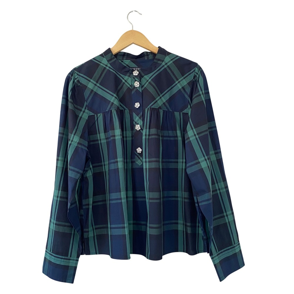 J.Crew NWOT Black Watch Plaid Organic Cotton Top Crystal Buttons XL Navy Green